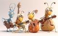 Happy and joyful insects playing musical instruments. Royalty Free Stock Photo