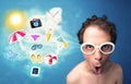 Happy joyful man with sunglasses looking at summer icons Royalty Free Stock Photo