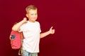 Happy joyful schoolboy wearing backpack and giving thumbs up isolated on red wall Royalty Free Stock Photo