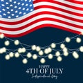 Happy July 4th Independence Day. National summer USA holiday banner. Waving United States of America flag under garland lights.