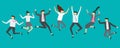 Happy jumping business people. Excited office team workers jumping at employees party, smiling professionals jump vector