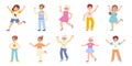 Happy jumping children. Cute little emotional characters, positive kids. Stylish boys and girls, cartoon friendly