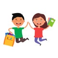 Happy jumping children with school supplies. Boy and girl have a fun after buying backpack, notebooks, pens, pencils. Back to Royalty Free Stock Photo