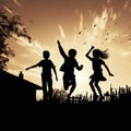 Happy jumping children silhouettes Royalty Free Stock Photo