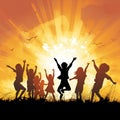 Happy jumping children silhouettes Royalty Free Stock Photo