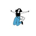 Happy jumping girl doodle illustration. Young woman jump spread hands like wings flying away. Student joy concept