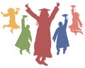 Happy jumping graduate students, color silhouettes. Vector illustration