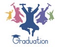 Happy jumping graduate students with diplomas, color silhouettes. Vector illustration