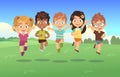 Happy jumping kids. Children holiday cartoon panorama childrens summer meadow park teenagers jump together background Royalty Free Stock Photo