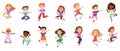 Happy jumping kids, cute active cartoon children characters. Little kids different activities vector illustration set