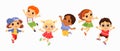 Happy jumping kids. Funny children, active little friends in flying poses, boys and girls characters gestures and face