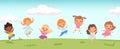 Happy jumping kids. Funny children playing and jumping on meadow. Little people vector background Royalty Free Stock Photo