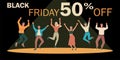 Happy jumping people. Black Friday. Sale promotion. Shop discount. Joyful men and women. Happy customers buy purchases