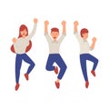 Happy jumping people simple flat style. Young smiling woman and man celebrating victory vector illustration on white background. Royalty Free Stock Photo