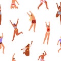 Happy jumping people in swimsuit, seamless pattern. Endless summer holiday background, print with young men, women in Royalty Free Stock Photo