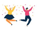 Happy jumping people, woman celebrating victory concept and vector illustration on white background. Characters jump Royalty Free Stock Photo