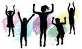 Happy jumping and standing black silhouettes of children and color smear brush. Vector illustration Royalty Free Stock Photo