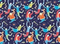 Happy jumping young people dark seamless pattern