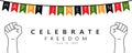 Happy Juneteenth banner template. Celebrate freedom. Outline Clenched fists and festive flags in colors Of Black History