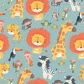 Happy jungle animals seamless pattern