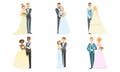 Happy Just Married Couples Set, Elegant Newlyweds, Bride and Groom Celebrating Marriage Vector Illustration Royalty Free Stock Photo