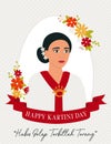 Happy Kartini Day Celebration. Asian woman surrounded by flowers. Indonesian holiday. Habis gelap terbitlah terang means