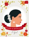 Happy Kartini day. Profile of a dark-haired woman surrounded by flowers. An Indonesian holiday. Kartini is Indonesian