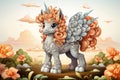 Happy kawaii creature Felicity the Pegasus, unicorn, white background illustration generative ai