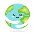 Happy kawaii planet earth. Cartoon blue planet earth with green continents joyfully hugs itself.