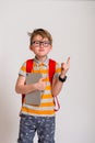 Happy kid boy with backpack and tablet computer pointing up with a finger. Portrait of happy school boy with backpack