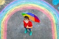 Happy kid boy in rubber boots with rainbow sun and clouds with rain drops painted with colorful chalks on ground or Royalty Free Stock Photo