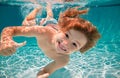 Happy kid boy swim and dive underwater, kid with fun in pool under water. Active healthy lifestyle, water sport activity Royalty Free Stock Photo