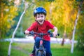 Happy kid boy of 6 years having fun in autumn forest with a bicycle on beautiful fall day. Active child making sports. Safety, Royalty Free Stock Photo