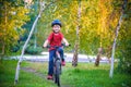 Happy kid boy of 6 years having fun in autumn forest with a bicycle on beautiful fall day. Active child making sports. Safety, Royalty Free Stock Photo