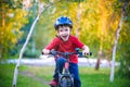 Happy kid boy of 6 years having fun in autumn forest with a bicycle on beautiful fall day. Active child making sports. Safety, Royalty Free Stock Photo