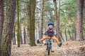 Happy kid boy of 3 or 5 years having fun in autumn forest with a