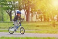 Happy kid boy of 5 years having fun in spring park with a bicycle on beautiful fall day. Active child wearing bike helmet Royalty Free Stock Photo