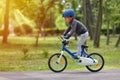 Happy kid boy of 5 years having fun in spring park with a bicycle on beautiful fall day. Active child wearing bike helmet Royalty Free Stock Photo