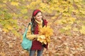 happy kid in casual style spend time gathering fallen maple leaves in autumn park enjoying good weather carry backpack