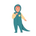 Happy kid in dino costume. Cute boy disguised in funny dragon wearing for holiday carnival. Little child character in Royalty Free Stock Photo