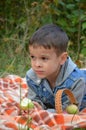 Happy kid eating fruits. happy cute child boy eating an apple. lies on a coverlet in an autumn park Royalty Free Stock Photo