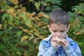 Happy kid eating fruits. happy cute child boy eating an apple. in an autumn park Royalty Free Stock Photo