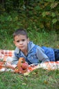 Happy kid eating fruits. happy cute child boy eating an apple. lies on a coverlet in an autumn park Royalty Free Stock Photo