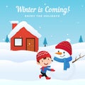 Happy kid enjoy making and playing with cute dressed snowman at front of house in winter season background vector illustration.