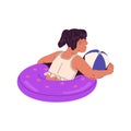 Happy kid floating on inflatable circle in water. Little girl playing with rubber ball in swimming pool. Cute child has Royalty Free Stock Photo