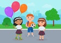 Happy kid friends in school uniform stand together in park, child holding balloons, ball Royalty Free Stock Photo