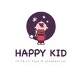 Happy kid funny logo with winter boy in sweater standing catching snowflakes with his mouth isolated.