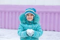 Happy kid girl child outdoors in winter Royalty Free Stock Photo