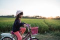 Happy kid girl riding her bicycle outdoor Royalty Free Stock Photo