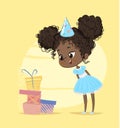 Happy Kid Girl Surprised of Birthday Present Box. Cute Child Character Looking to Various Gift. Childhood Christmas Royalty Free Stock Photo